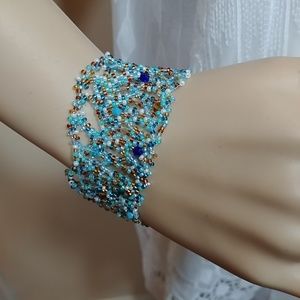 Tropical Blue Free Form Beaded Bracelet & Crystals